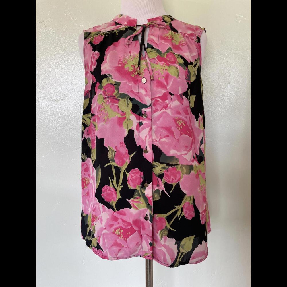 Halogen Pink Green Black Floral Sleeveless Tank Top Blouse Shirt Large L 19-0137